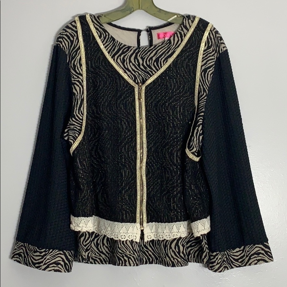 Montania Plus Zebra Black Metallic Gold Shimmer Blouse Top Women’s 3x